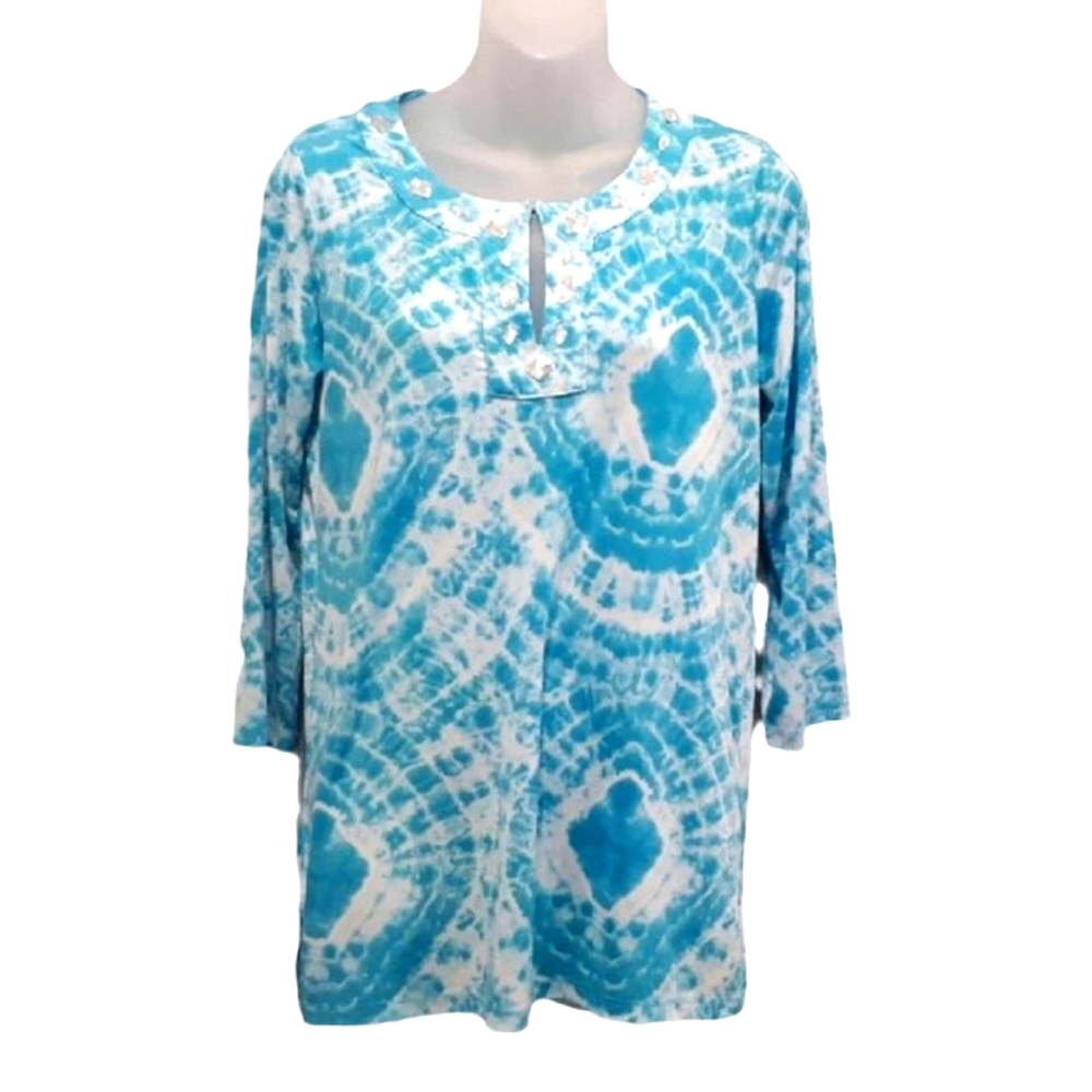 Jones New York Tie Dye Crop Sleeve Top Coastal Grandma Aqua White Beaded